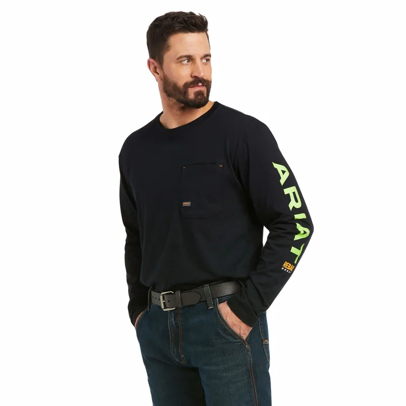 Ariat Men's Rebar Workman Logo LS T-Shirt - Black/Lime Stock Error XL